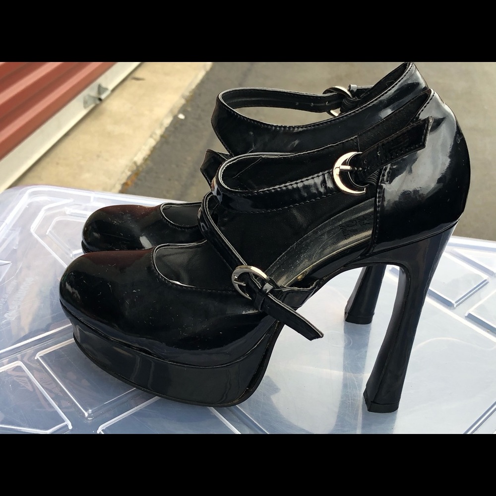 Rok Bella Black Leather Peep Toe Platform Stiletto
